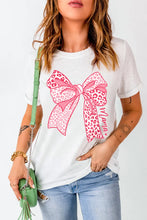 Womens White T Shirt with Pink Leopard Print Bow and Green Purse Design White