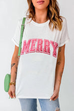Womens White T Shirt with Pink Merry Lettering White