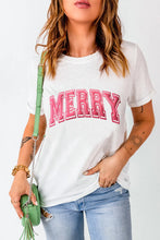 Womens White T Shirt with Pink Merry Lettering