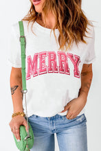 Womens White T Shirt with Pink Merry Lettering