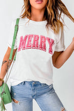 Womens White T Shirt with Pink Merry Lettering