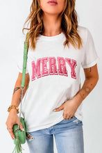 Womens White T Shirt with Pink Merry Lettering Woman T Shirts