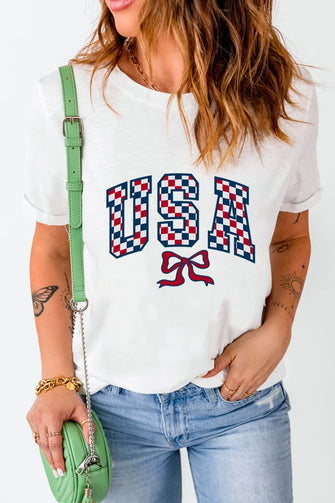 Womens White USA Bow Design T Shirt with Green Purse White