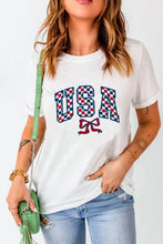 Womens White USA Bow Design T Shirt with Green Purse