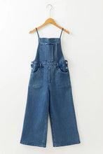 Women’s wide leg denim overalls with adjustable tie straps