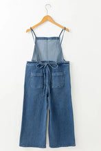 Women’s wide leg denim overalls with adjustable tie straps