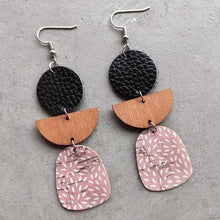 Wood drop earrings with black faux leather, pink and brown layers