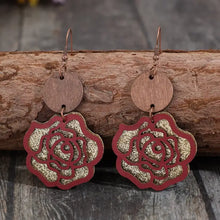 Red and gold glitter wooden alloy rose shape dangle earrings