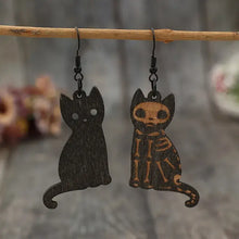 Wooden cat earrings with alloy hook, black cat and skeleton design