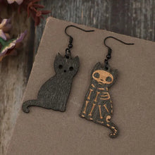 Black wooden cat earrings with alloy hook and skeleton design