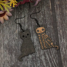 Wooden cat earrings with alloy hook and black cat skull design