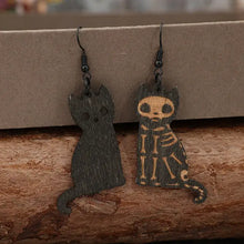 Pair of wooden cat earrings with alloy hook, black and skeleton design