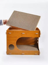 Wooden corrugated paper cat house with bamboo scratcher top and openings
