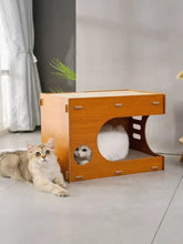 Wooden corrugated paper cat house with light brown wood, circular entrance, slatted panels
