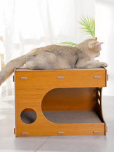 Wooden corrugated paper cat house with gray textured scratching surface
