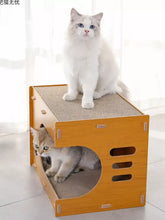 Wooden corrugated paper cat house with textured scratcher and cozy compartment