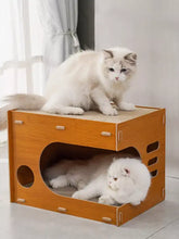 Wooden corrugated paper cat house with bamboo grain, scratching top, enclosed base