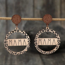Pair of wooden dangle earrings with leopard print and Mama cutout