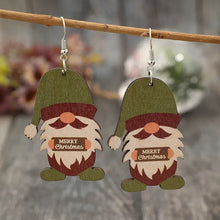 Wooden gnome dangle earrings featuring a pair of Christmas gnomes