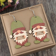 Wooden gnome dangle earrings featuring a pair of Christmas gnomes