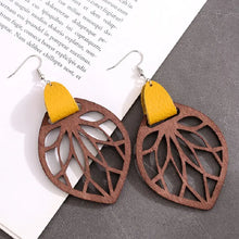 Leaf drop earrings in wood with yellow faux leather accents and silver hooks