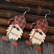 Pair of festive plaid wooden pointed hat gnome earrings