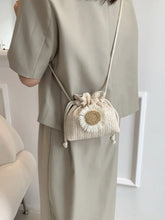 Woven Drawstring Purse with Floral Embellishment White One Size