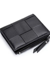 Black woven leather card case wallet with zipper closure