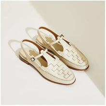 Cream woven leather slingback flats with T-straps, adjustable buckle, all-day comfort