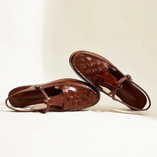 Brown woven leather slingback flats with adjustable buckle all-day comfort