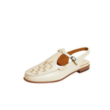 Cream leather slingback flat in woven leather design with adjustable buckle