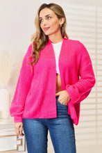 Woven Right Rib-Knit Open Front Drop Shoulder Cardigan Hot Pink Woman Outerwear