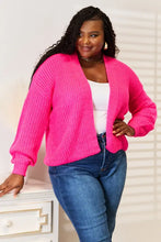 Neon pink drop shoulder cardigan sweater with balloon sleeves