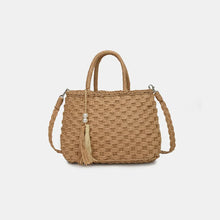 Woven Straw Tote Bag with Braided Strap and Tassel Camel One Size