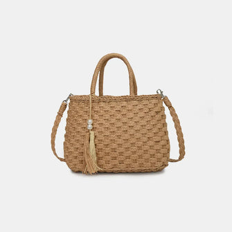 Woven Straw Tote Bag with Braided Strap and Tassel Camel One Size