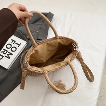 Woven Straw Tote Bag with Braided Strap and Tassel