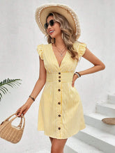 Yellow and White Striped Button-Down Ruffled Dress