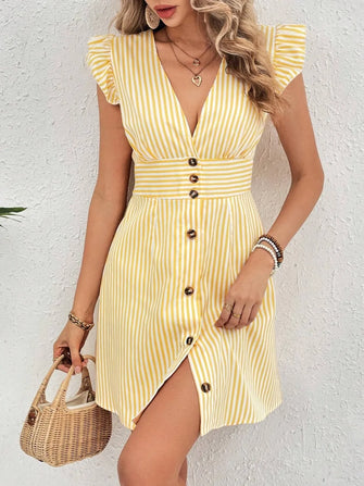 Yellow and White Striped Button-Down Ruffled Dress Canary Yellow