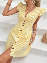 Yellow and White Striped Button-Down Ruffled Dress