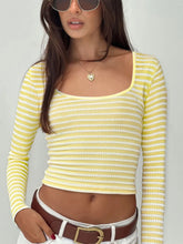 Yellow and White Striped Long Sleeve Women's Top Light Yellow