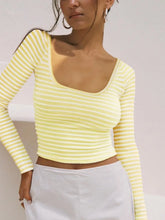 Yellow and White Striped Long Sleeve Women's Top