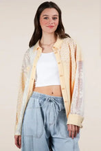 Yellow ribbed knit lace shacket with sequined bomber jacket and lace sleeves