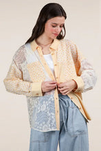 Yellow Ribbed Knit Lace Patchwork Shacket for Women