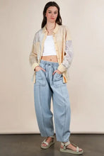 Yellow ribbed knit lace patchwork shacket with light blue denim joggers