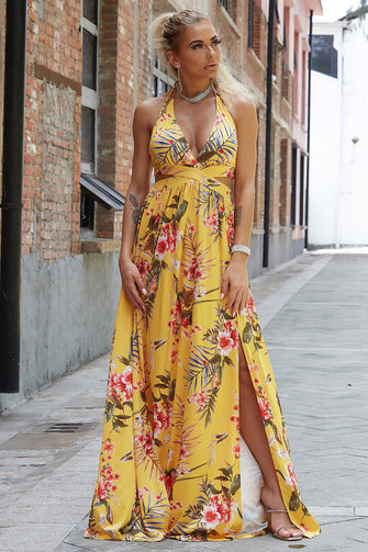 Yellow Floral Halter Maxi Dress Banana Yellow