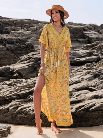 Yellow Floral Print Viscose Maxi Dress Gold