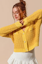 Yellow frayed tweed knit buttoned cardigan with pockets