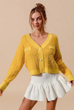 Yellow frayed tweed knit buttoned cardigan with pockets
