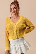 Yellow frayed tweed knit buttoned cardigan with fuzzy v-neck and pockets