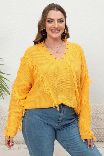 Yellow Fringe Sweater Long Sleeve Pullover for Women Banana Yellow